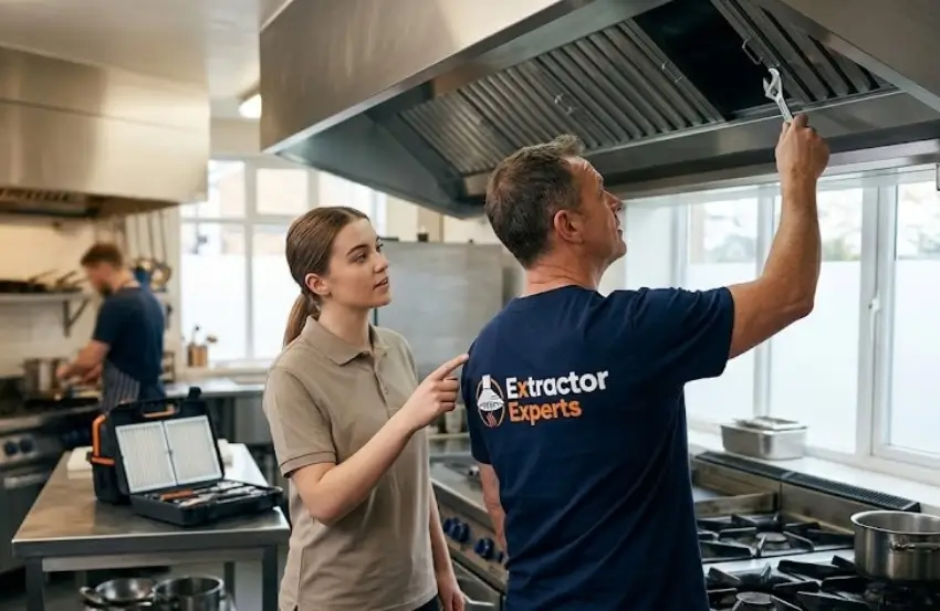Commercial Kitchen Extraction Services London featuring a stainless steel extraction canopy and ventilation system in a professional restaurant kitchen.