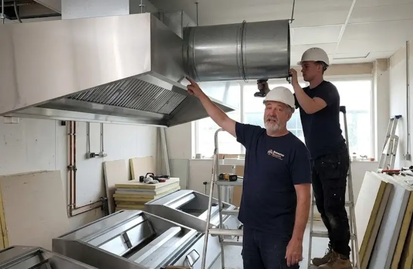 Commercial Kitchen Canopy Installation London showing a stainless steel extraction canopy being installed in a professional kitchen.