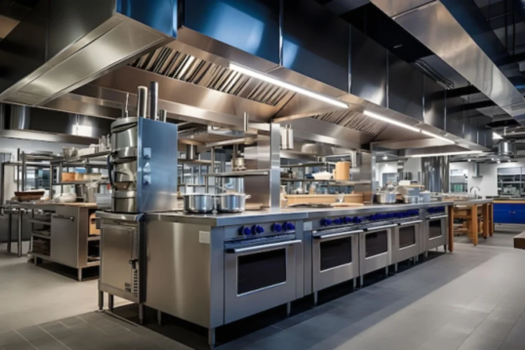Large commercial kitchen installation featuring stainless steel cooking lines and custom overhead extraction canopies with integrated lighting.