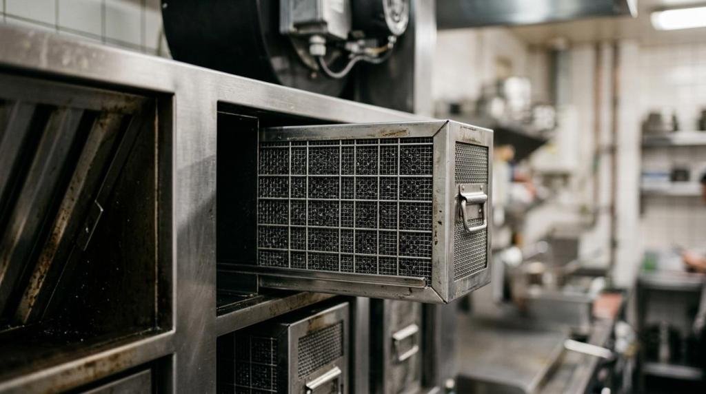 Activated carbon filter tray partially pulled out from a metal ventilation housing unit in a commercial kitchen.