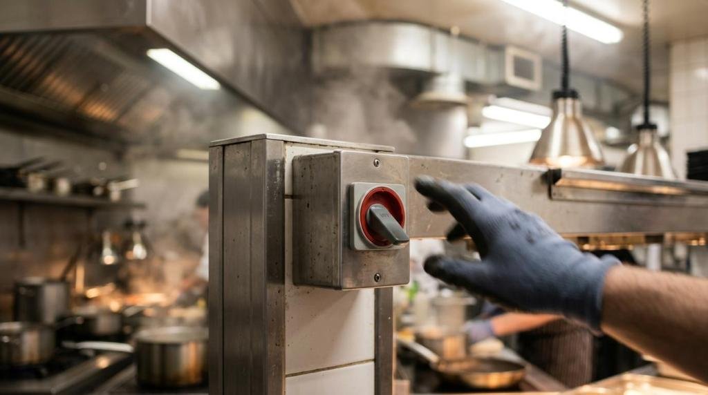 Gloved hand operating an emergency rotary power isolator switch for a commercial kitchen extraction system surrounded by cooking steam.
