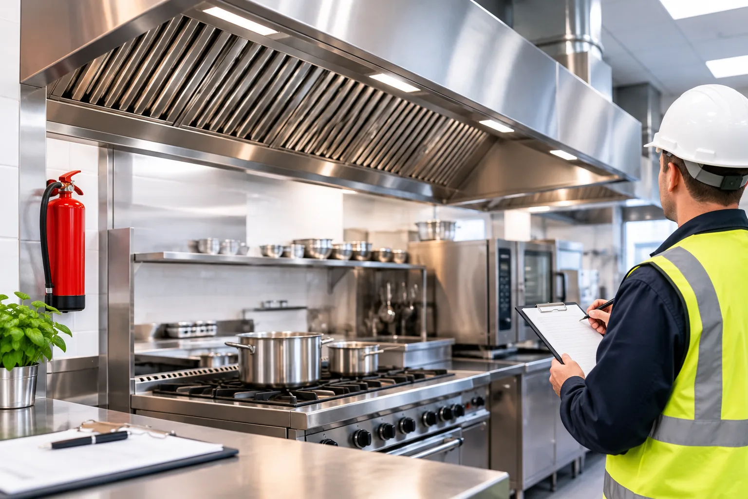 Compliance inspector wearing a hard hat and high-vis vest reviewing a safety checklist in front of a commercial kitchen extraction canopy.
