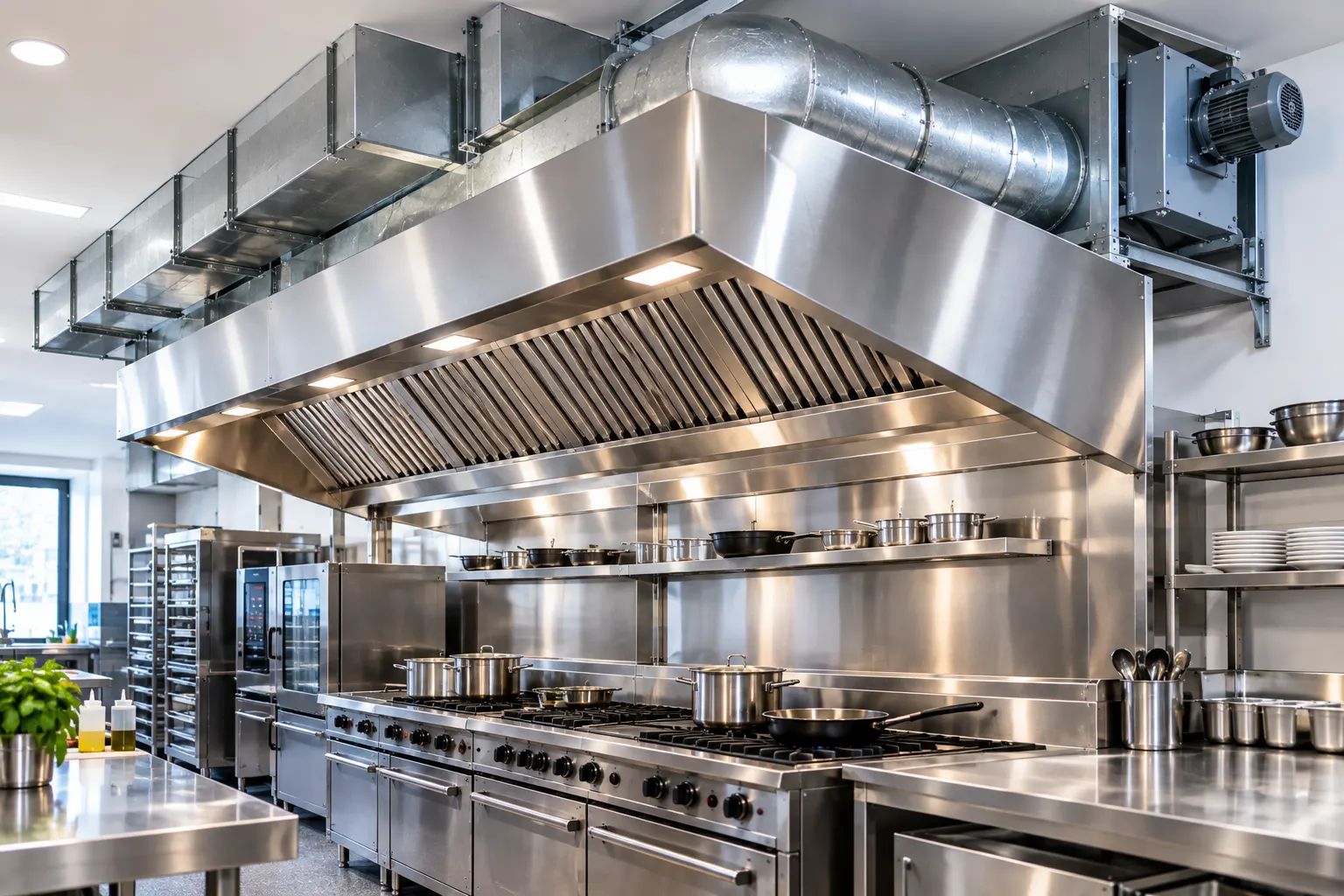 Stainless steel commercial kitchen extraction canopy with overhead ductwork and extractor fan mounted above a line of gas stoves.