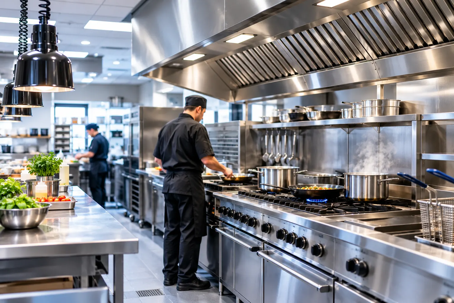 Professional chef cooking at a gas range stove under a stainless steel commercial extraction canopy in a modern London kitchen setup.