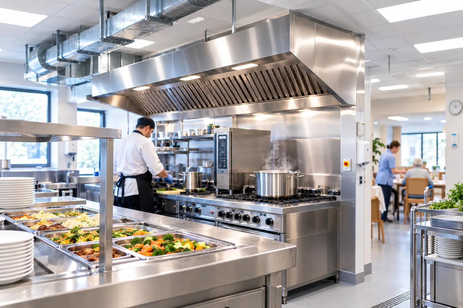 Chef cooking under a stainless steel extraction island hood in a modern healthcare facility kitchen with food service counters in the foreground.