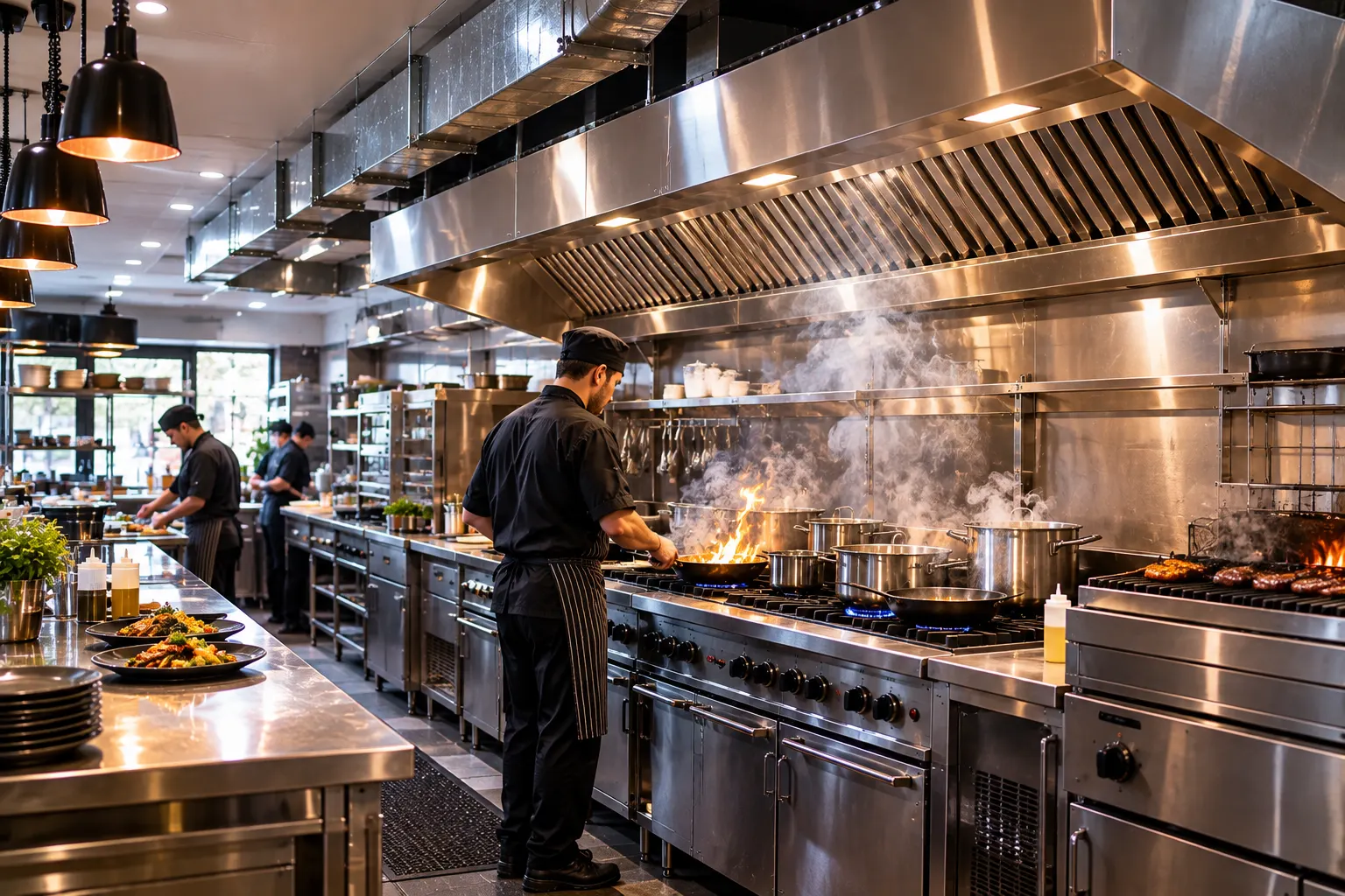 Chefs cooking over open gas flames and stoves under a large stainless steel commercial extraction hood in a busy restaurant kitchen.