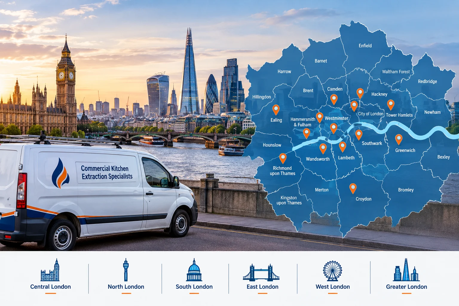 Commercial Kitchen Extraction Specialists service van parked near the Thames with London skyline and a service coverage map overlay.