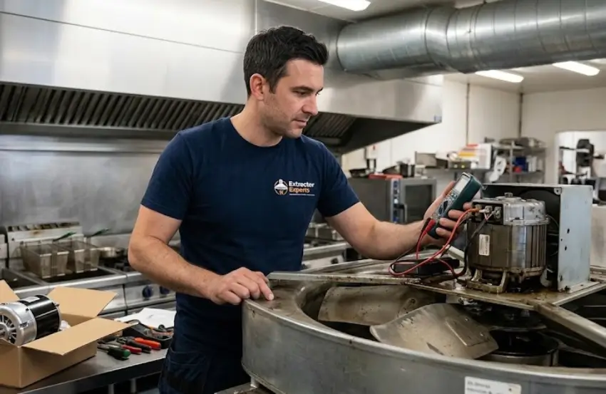 Commercial Extraction Fan Repair or Replacement assessment showing an engineer inspecting a faulty commercial kitchen extractor fan.