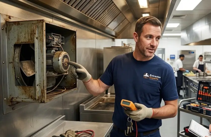 Commercial Extraction Fan Repair or Replacement work showing a technician installing a new commercial kitchen extraction fan.