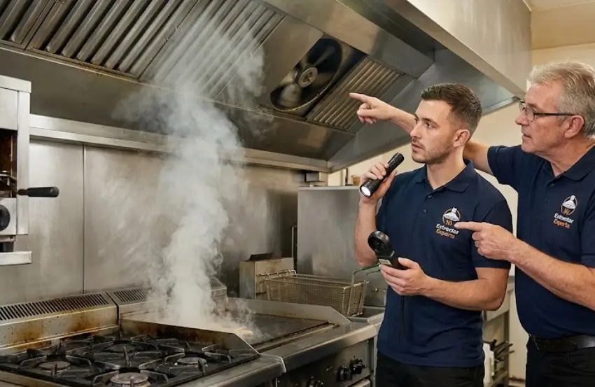 Commercial extraction fan running but not extracting air properly in a busy commercial kitchen.