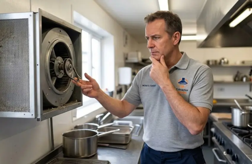 Engineer inspecting a commercial extraction fan running but not extracting properly to diagnose ventilation and airflow faults.