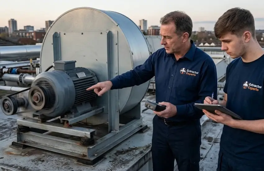 Commercial extraction fan vibration inspection showing an industrial ventilation fan and motor assembly.