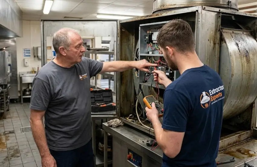Technician inspecting an electrical control panel for a commercial extractor fan tripping a circuit breaker.