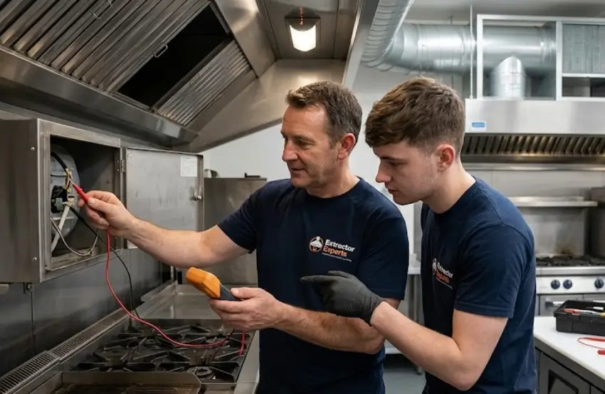 Commercial Kitchen Extraction Fault Finding technician inspecting a commercial kitchen extraction system to identify ventilation faults.