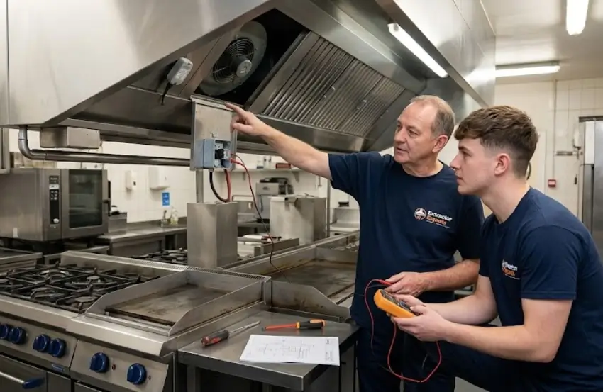 Engineer performing Commercial Kitchen Extraction Fault Finding by testing an extractor fan and checking ventilation system performance.
