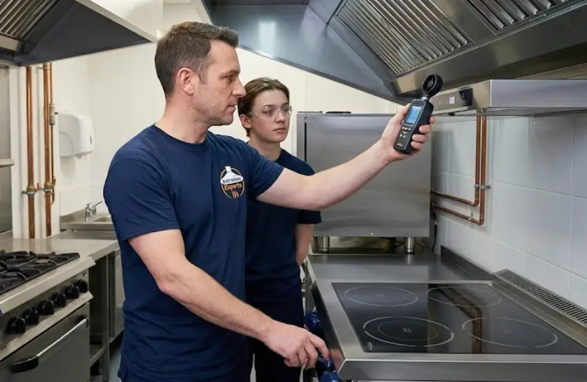 Commercial kitchen extraction for electric cooking with an overhead ventilation canopy above electric cooking equipment.