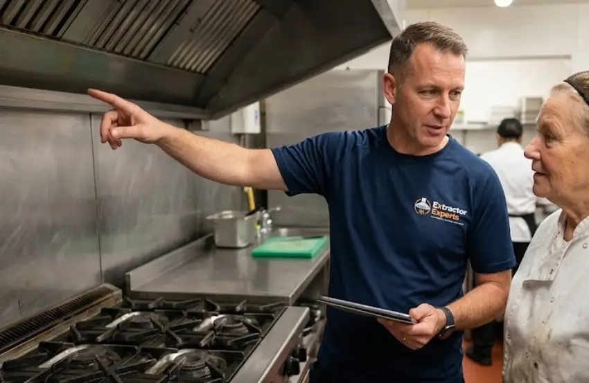 Engineer inspecting commercial kitchen extraction for electric cooking after a kitchen switches from gas to electric appliances.