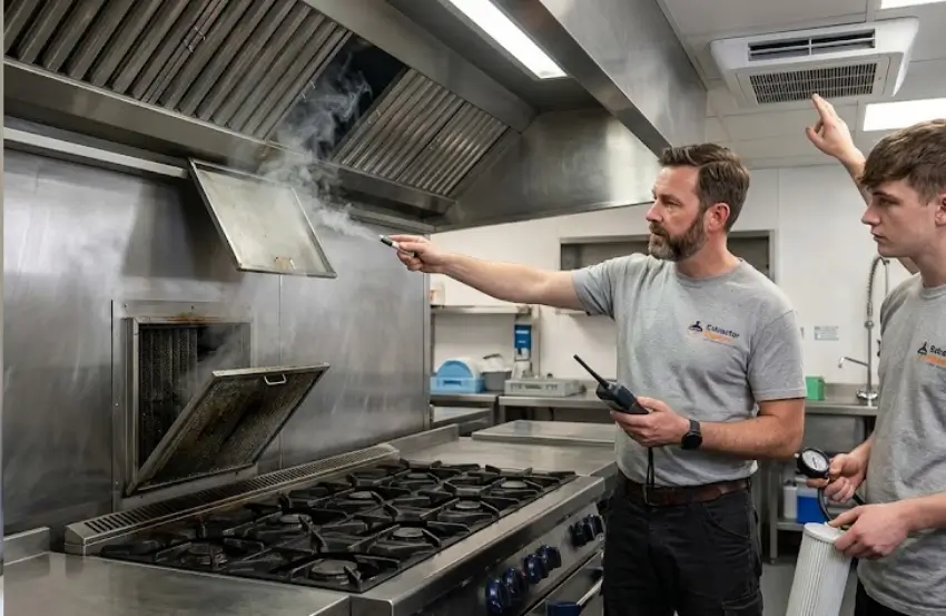 Ventilation engineer testing airflow to diagnose Commercial Kitchen Negative Pressure and improve extraction system balance.
