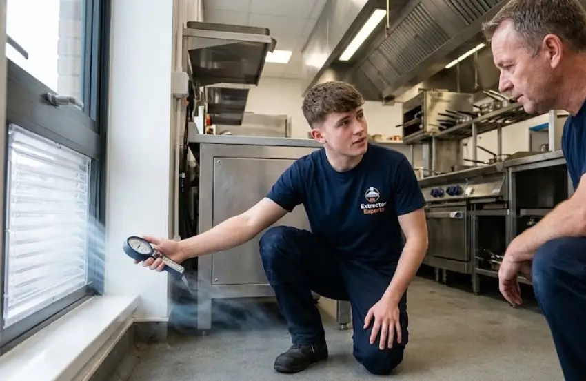 Commercial Kitchen Negative Pressure caused by unbalanced extraction and insufficient replacement air in a busy restaurant kitchen.