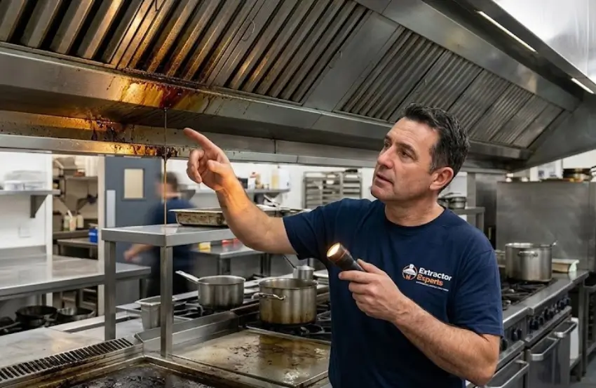 Grease dripping from commercial kitchen canopy onto cooking equipment due to grease build-up in the extraction system.